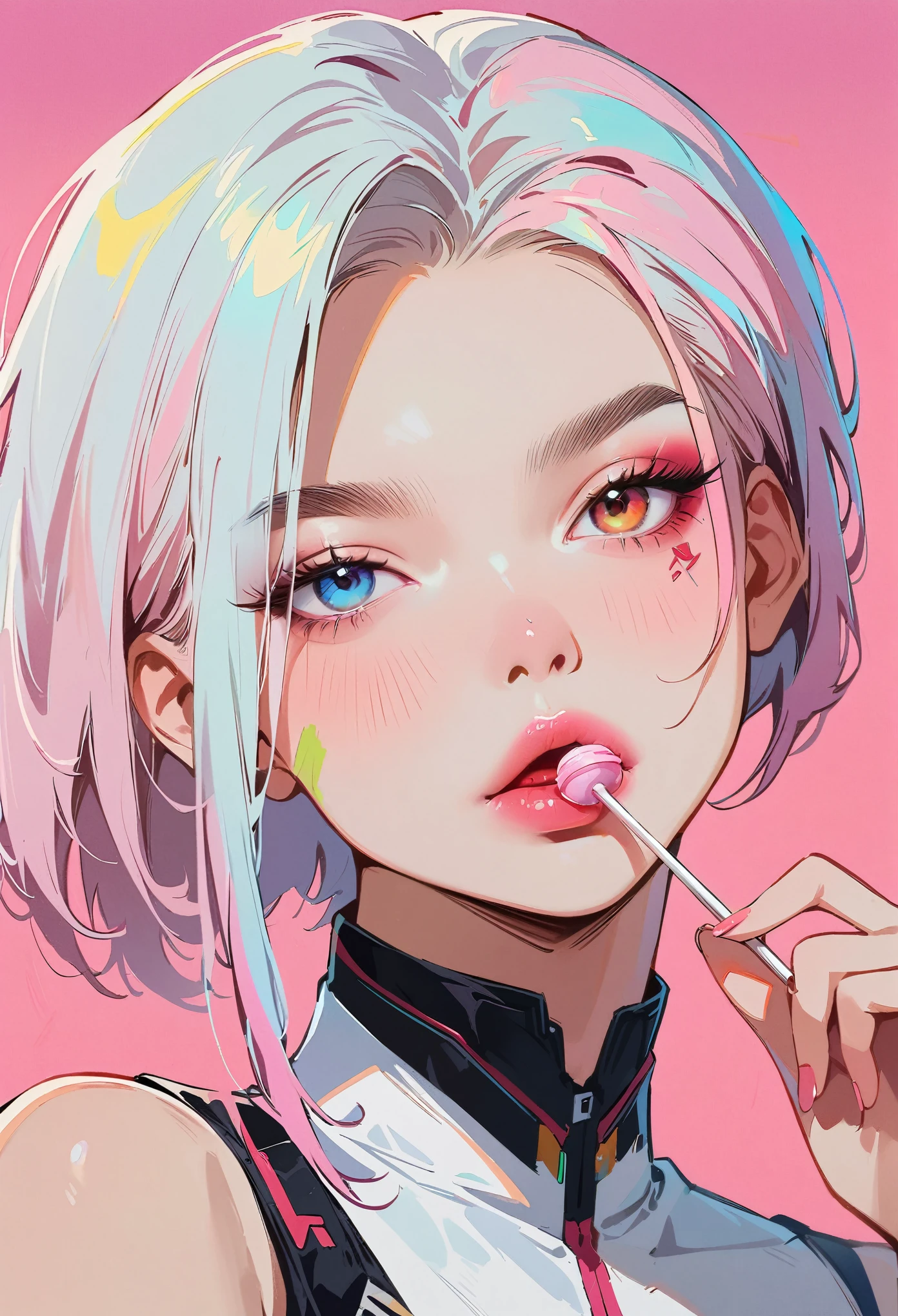 (masterpiece, best quality:1.2), 1 girl, 独奏, Anime style, Heterochromia, Eating a lollipop, lips pink, Cyberpunk style makeup, Asymmetrical short hair, Asymmetrical short hairstyle, Long bangs on one side, Purple and pink background.