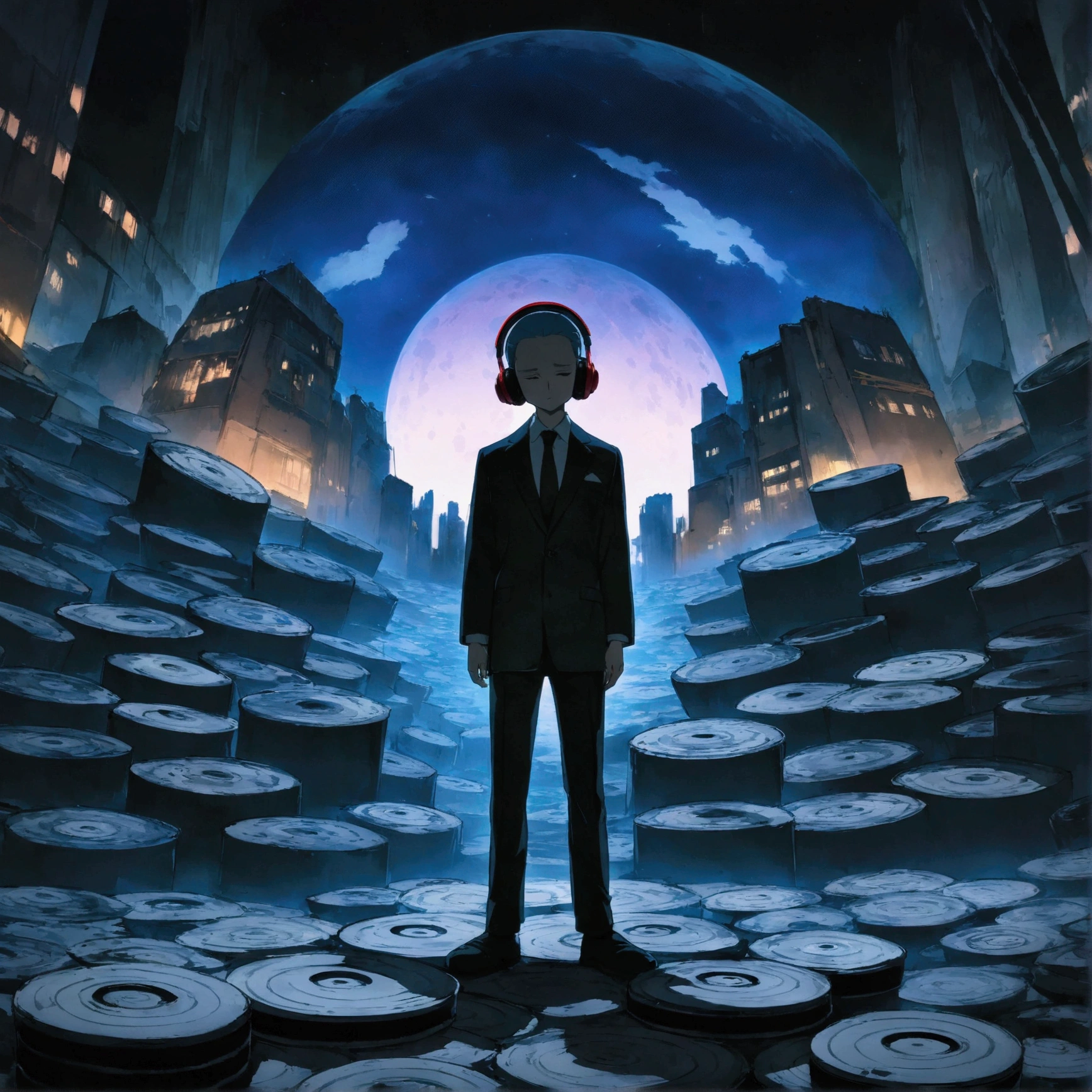 A boy wearing headphones and listening to music while wearing a suit, very detailed, Modern buildings stand tall, night scenery, 2d, (Shooting from a distance), old cartoons, (Lots of records: 1.3), (masterpiece, very high quality, very high quality, official art, beautifully, aesthetic: 1.2), (very detailed, (fractal art: 1.4 ), etc, (memo: 1.4), (lo-fi hip hop), old animation texture, alone, Speaker, front view figure, city pop