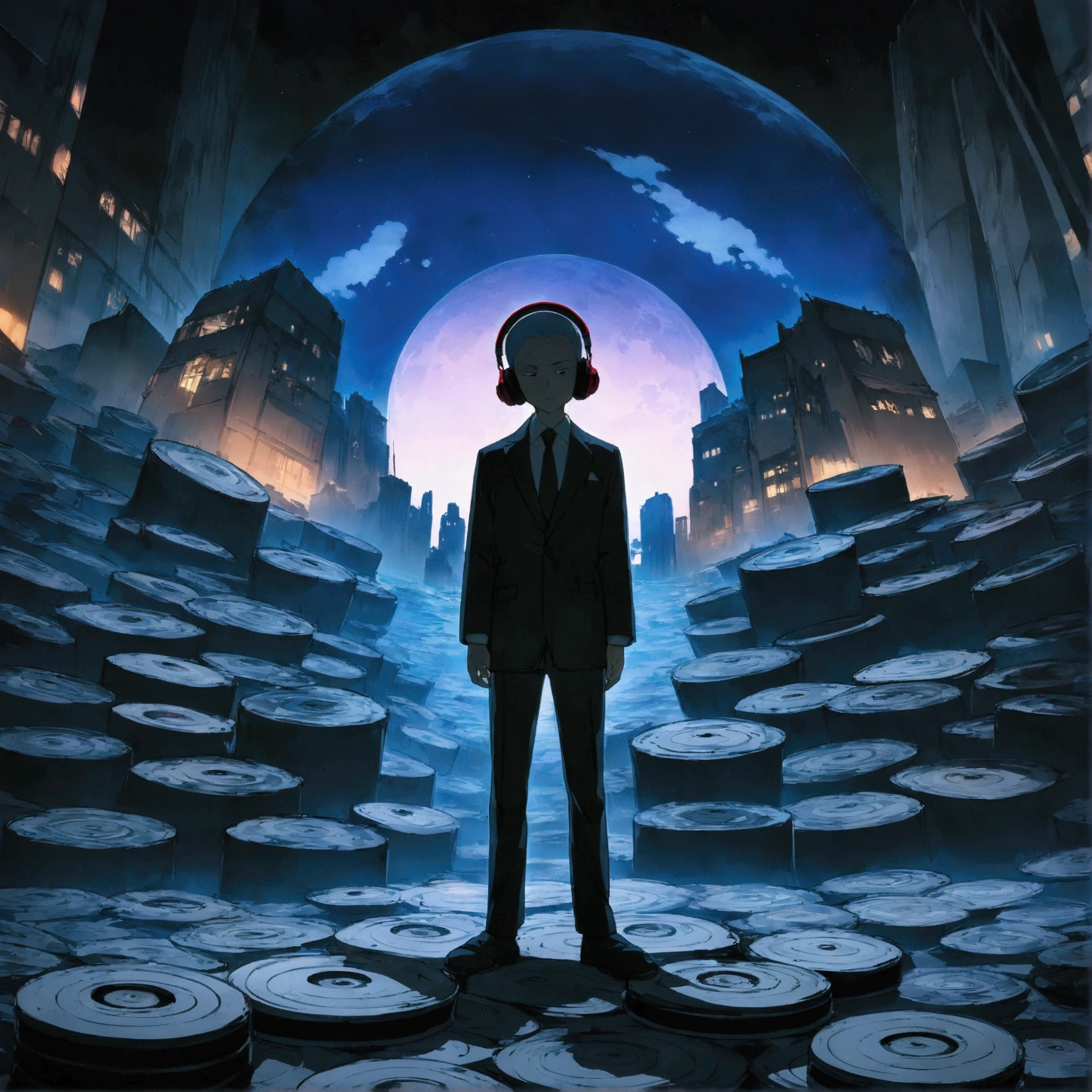 A boy wearing headphones and listening to music while wearing a suit, very detailed, Modern buildings stand tall, night scenery, 2d, (Shooting from a distance), old cartoons, (Lots of records: 1.3), (masterpiece, very high quality, very high quality, official art, beautifully, aesthetic: 1.2), (very detailed, (fractal art: 1.4 ), etc, (memo: 1.4), (lo-fi hip hop), old animation texture, alone, Speaker, front view figure, city pop