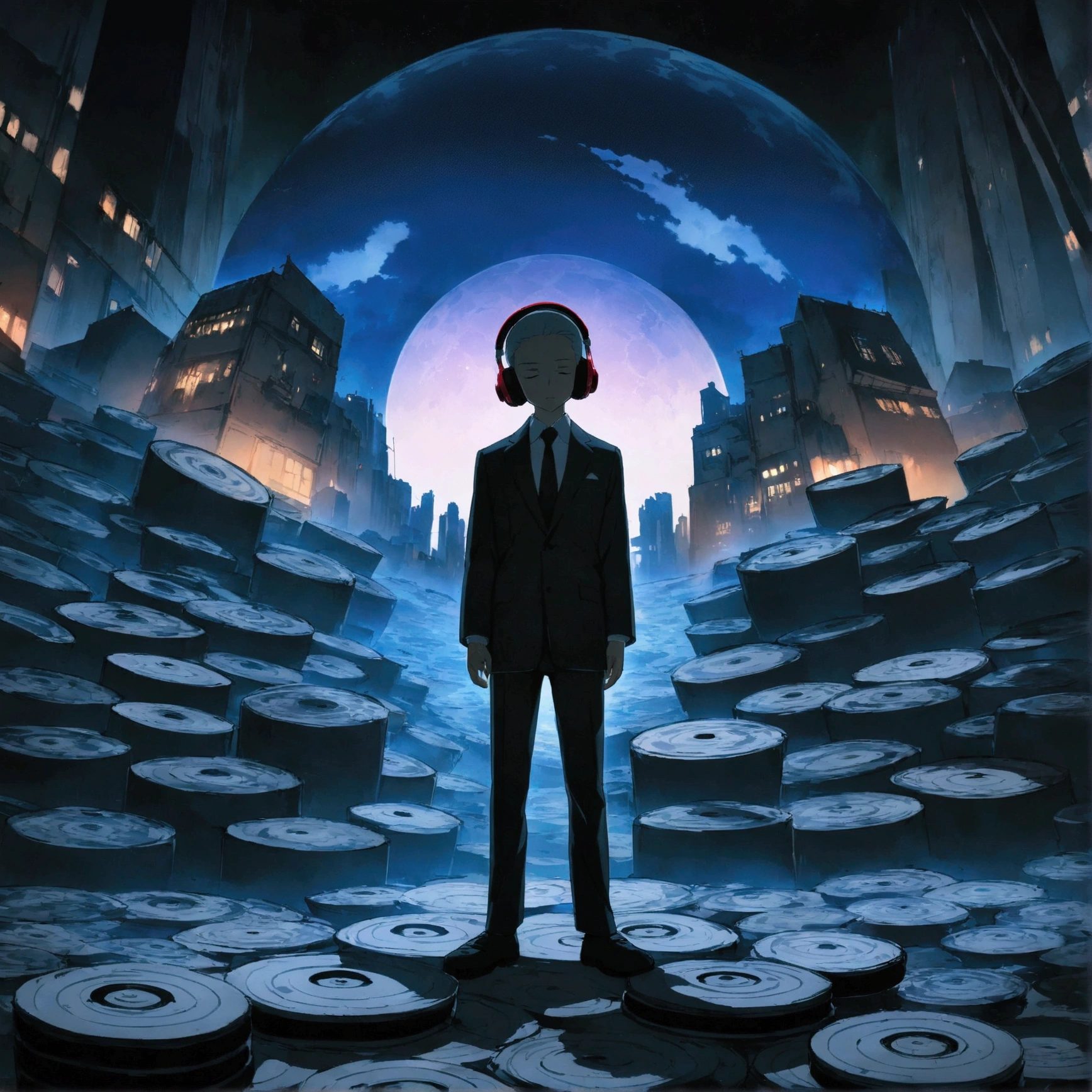 A boy wearing headphones and listening to music while wearing a suit, very detailed, Modern buildings stand tall, night scenery, 2d, (Shooting from a distance), old cartoons, (Lots of records: 1.3), (masterpiece, very high quality, very high quality, official art, beautifully, aesthetic: 1.2), (very detailed, (fractal art: 1.4 ), etc, (memo: 1.4), (lo-fi hip hop), old animation texture, alone, Speaker, front view figure, city pop
