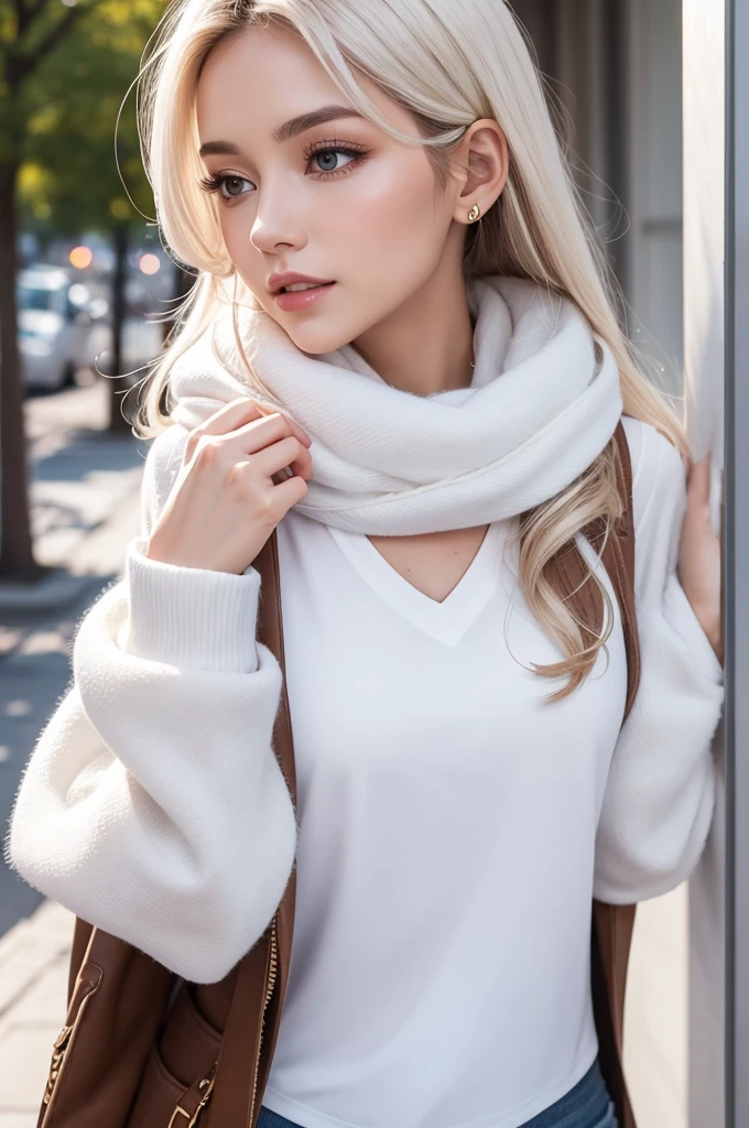 white blouse, long sleeve scarves , with V-neck