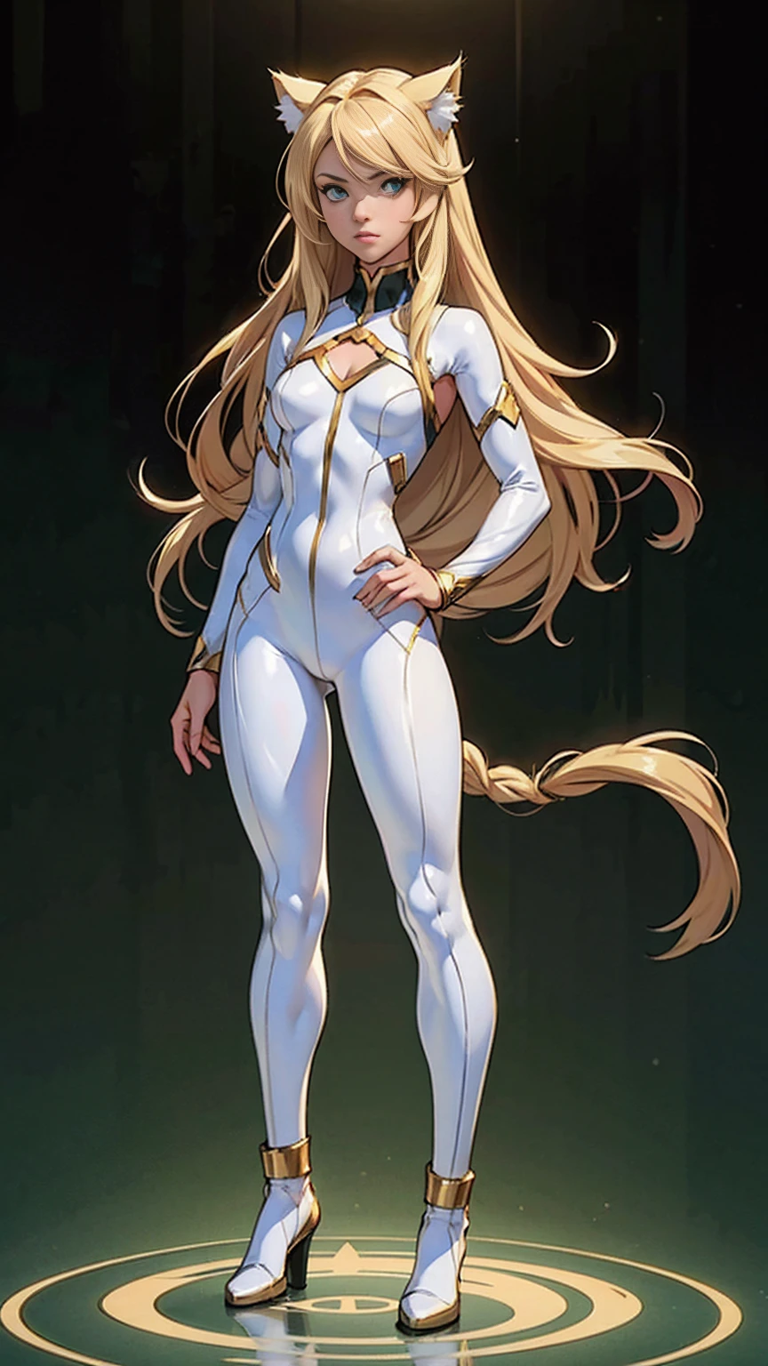 (((full body photo))) , girl, long blonde hair, flowing blonde hair, cat ears, green eyes, in a white full body superhero costume with leggings, masterpiece, high quality,