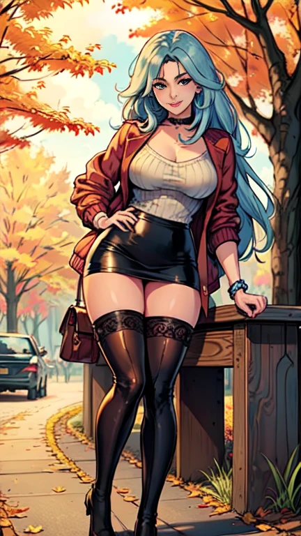 Masterpiece, raw,  beautiful art, professional artist, 8k, art style by sciamano240, very detailed face, very detailed hair, 1 woman, perfectly drawn body, beautiful face, long hair, light blue hair , very detailed blue eyes , rosey cheeks, intricate details in eyes, playful smile, looking directly at viewer , in love with viewer expression, black chocker, lipstick, wearing cute fall clothes, jacket, sweater, short pencil skirt, thigh boots, full body view, standing, one foot on park bench, sunny day fall setting, focus on feet