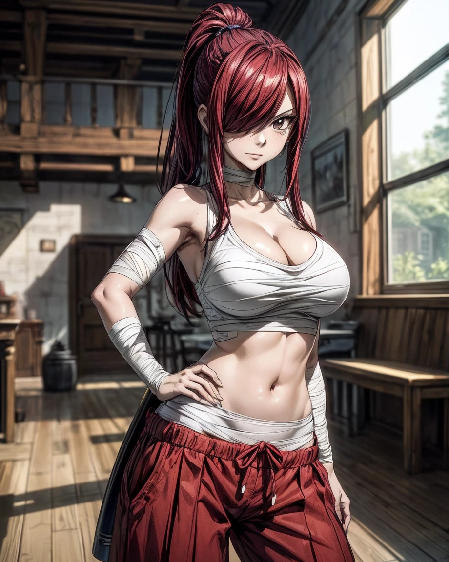 masterpiece, best quality, highres, Erza Scarlet, red hair, long hair, ponytail, white ribbon, hair over one eye, collarbone, ((brown eyes)), fairy tail, ((solo, chest sarashi, bandage, bare arms, midriff, red hakama, red pants, ,)), has a model style, oppai, complete cosplay, Ultra HD Quality , ((sharp face)), official art, beautiful, mature, 30 years old, evil smile, cleavage, big round breasts, perfect body, ((Ultra HD Quality Wallpapers, HD images, 16k Quality Wallpapers)), 1 woman, solo, woman, ((1 woman:1.5), (1 woman), ((solo)), ((one woman)), ((1 woman)), eye detail, detail art, ((standing)), half body, (model pose:1.5), ((half Body)), ((at indoor:1.5)), (room:1.5), (pose:1.5), Very detailed and high resolution Erza Scarlet masterpiece, beautiful in dynamic action. Add emphasis to the intricate details of the themed naughty and the lewd expression on her face. Set the scene at inroom, with a indoor as a backdrop. Use rich colors and volumetric light to create a sense of subtle beauty and nasty, holding katana, katana, one katana, 1 katana