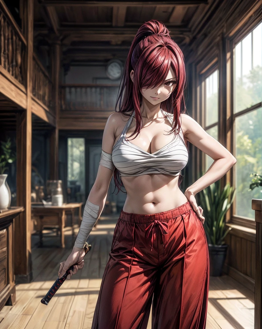 masterpiece, best quality, highres, Erza Scarlet, red hair, long hair, ponytail, white ribbon, hair over one eye, collarbone, ((brown eyes)), fairy tail, ((solo, chest sarashi, bandage, bare arms, midriff, red hakama, red pants, ,)), has a model style, oppai, complete cosplay, Ultra HD Quality , ((sharp face)), official art, beautiful, mature, 30 years old, evil smile, cleavage, big round breasts, perfect body, ((Ultra HD Quality Wallpapers, HD images, 16k Quality Wallpapers)), 1 woman, solo, woman, ((1 woman:1.5), (1 woman), ((solo)), ((one woman)), ((1 woman)), eye detail, detail art, ((standing)), half body, (model pose:1.5), ((half Body)), ((at indoor:1.5)), (room:1.5), (pose:1.5), Very detailed and high resolution Erza Scarlet masterpiece, beautiful in dynamic action. Add emphasis to the intricate details of the themed naughty and the lewd expression on her face. Set the scene at inroom, with a indoor as a backdrop. Use rich colors and volumetric light to create a sense of subtle beauty and nasty, holding katana, katana, one katana, 1 katana