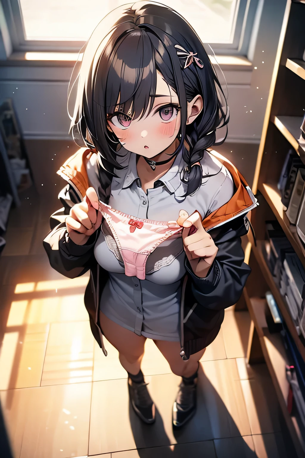 (Very detailed CG Unity 8K 壁紙),(masterpiece), (Highest quality), (Very detailed), (Best illustrations),(Best Shadow), 1girl :o black_jacket blush book bookshelf bottomless bra braid brown_cardigan brown_hair brown_shirt cardigan collared_shirt cross_hair_ornament hair_between_eyes hair_ornament highres holding holding_clothes holding_panties holding_underwear indoors jacket library looking_at_viewer navel original panties presenting_removed_panties purple_eyes ryo_(botugo) shirt short_hair solo standing stomach tile_floor tiles underwear white_bra window