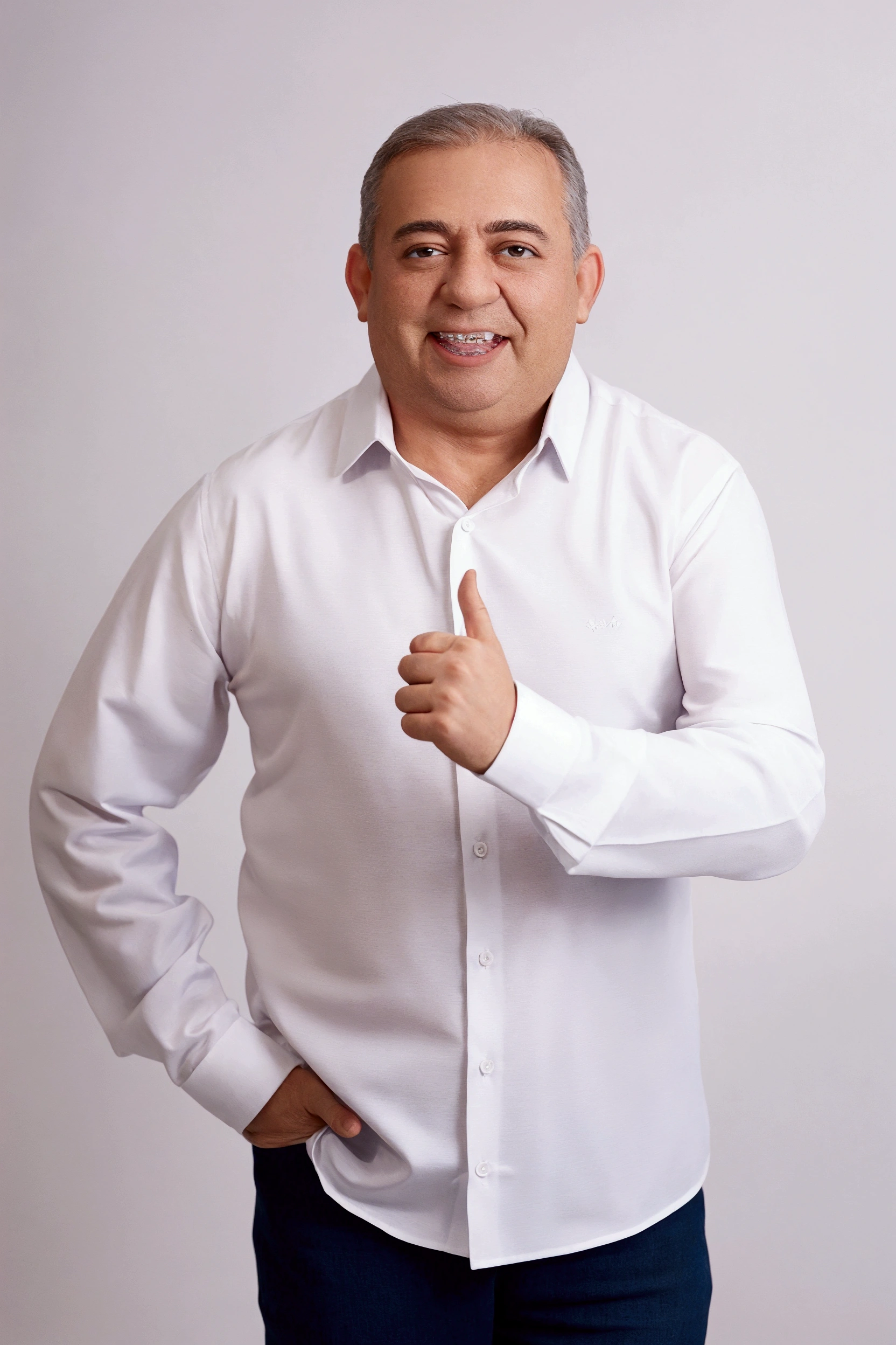 Man in white shirt smiling, Pixar-style