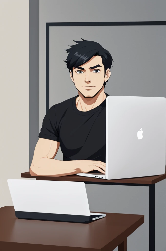 prompt .
Anime friendly looking male business character. He is sitting behind his laptop in his studio, arms on his desk. It is night. The room is minimalistic. He is front facing to the camera, looking straight and centered, central portrait, sitting straight, front view, centered looking straight. The overall ambiance of the image should convey a connection to minimalism, flat illustration, bold line, minimalism, simplified, gouache illustration. 8k resolution