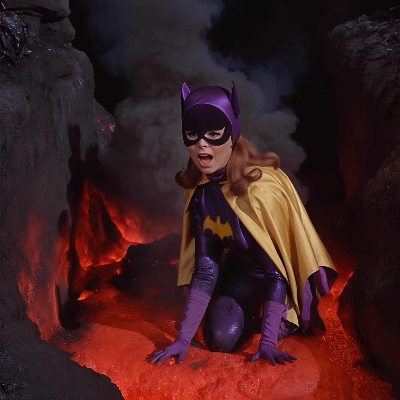 yvonne craig woman, sinking in a lava pit. She screams with her eyes wide open, she looks for help, extent her arm trying to grab something to escape, she moves desperate, but half of her body is already burning in the red glowing lava, smoke everywhere, she is in pain, she screams as hard as she can , 60's style, analog film, film grain