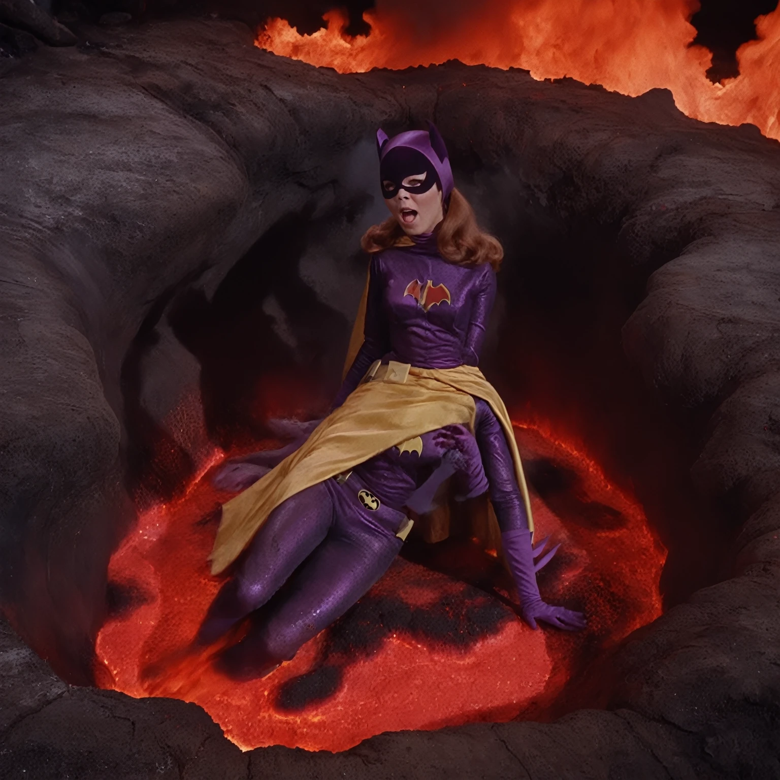 yvonne craig woman, sinking in a lava pit. She screams with her eyes wide open, she looks for help, extent her arm trying to grab something to escape, she moves desperate, but half of her body is already burning in the red glowing lava, smoke everywhere, she is in pain, she screams as hard as she can , 60's style, analog film, film grain