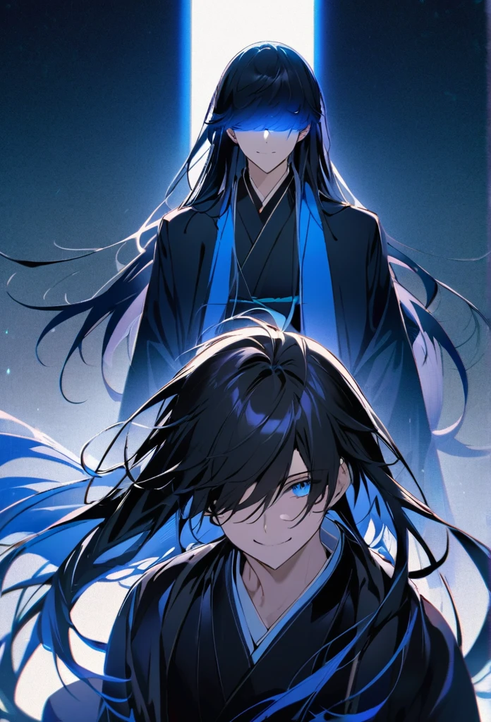 Japanese。male。Sharp Eye。Iris。Strong features。Smile a little。Very long black hair。Plain blue kimono(Dressed in kimono)。A strong wind blows my hair back。Cover your eyes with hair。The background is blue light。Stand up straight。
