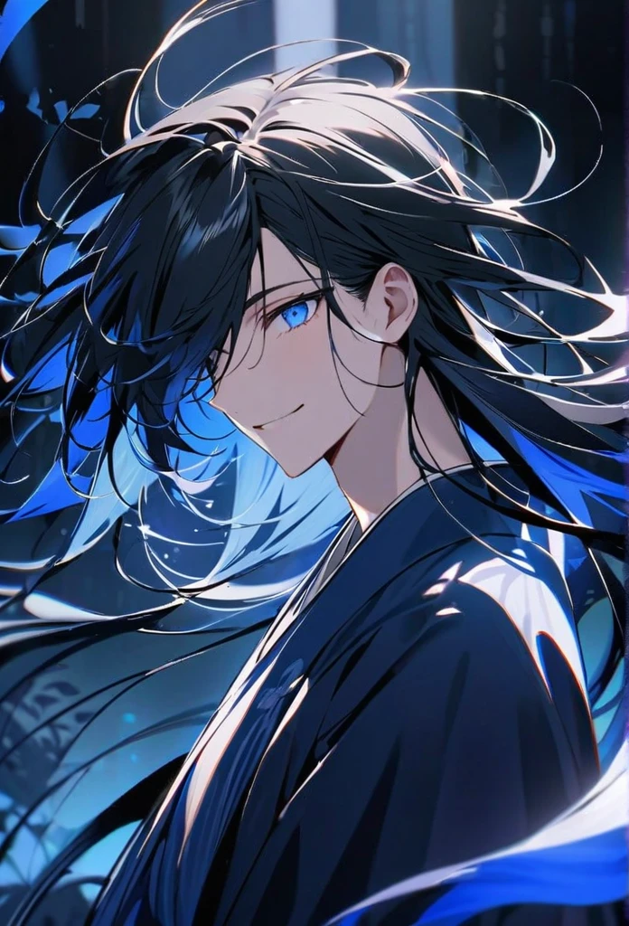Japanese。male。Sharp Eye。Iris。Strong features。Smile a little。Very long black hair。Plain blue kimono(Dressed in kimono)。A strong wind blows my hair back。Cover your eyes with hair。The background is blue light。Stand up straight。
