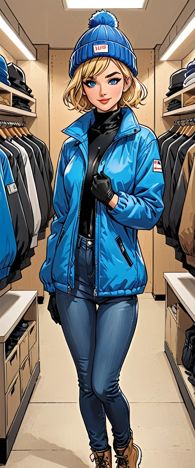 ((white changing room in the store)), smile, cloth store,fullbody, ((girl in Blue zipped up down winter jacket and black turtleneck )) and levis (jeans) and blue gloves and (((blue winter hat)))) in a dynamic pose, adult, [Nordic], Hourglass elongated fitness body, perfect Olive skin, Oval Face, Long neck, Rounded shoulders, perfect hand, Attached Pointed ears, round forehead, (Short blonde Waves pixie hair), snub nose, Arched eyebrows, ((Monolid blue Eyes)), High Round Narrow cheekbones, Dimpled Cheeks, Rounded Chin, Rounded Jawline, Full nude Lips, (blue eyes), Nude Makeup Look, long eyelashes, third breast size, ong slim fitness legs, graphic style of novel comics, perfect hands, 2d, 8k, hyperrealism, masterpiece, high resolution, best quality, ultra-detailed, super realistic, Hyperrealistic art, high-quality, ultra high res, highest detailed, lot of details, Extremely high-resolution details, incredibly lifelike, colourful, soft cinematic light,