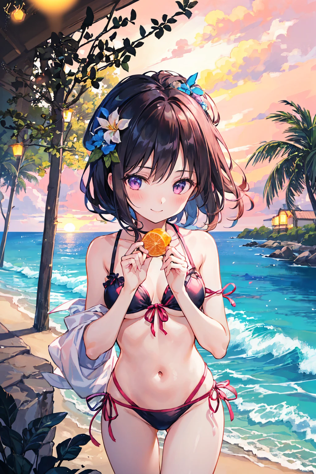 One Girl、A girl who likes to be clean、beautifulgirl、bikini、Beach、summer、bikini、白のbikini、smile、beautiful、beautifulA girl who likes to be clean、Ocean、beautifulBeach, Are standing, bright sunlight in the morning, Pink and orange sky, 雲 Ocean ，Small breasts，((Highest quality)), (Very detailed), (High-definition CG synthesis 8K wallpaper), 高いly detailed, 高い-definition raw color photos, Professional photography, (((Bokeh))), Written boundary depth,