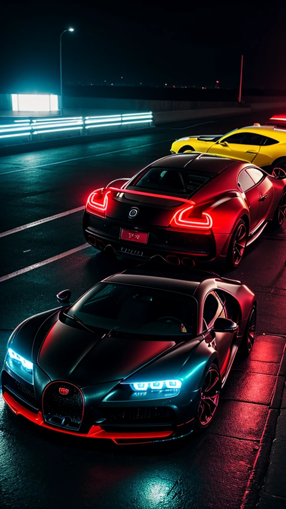 A vibrant urban nighttime wallpaper REALISMO featuring graffiti art on a weathered concrete wall, with the bold cursive inscription "KAROL CHDOM" in bright black and RED against a sleek metallic black Bugatti Chiron Super Sport 300 with flames on the open doors and its chassis and trim in high-gloss woven carbon fiber, all on a stormy night, with soft, diffused light casting long shadows and illuminating the car with neon lights, evoking a sense of high-speed energy.