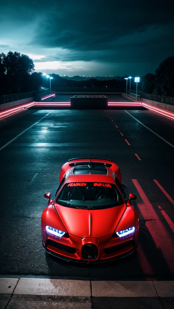 A vibrant urban nighttime wallpaper REALISMO featuring graffiti art on a weathered concrete wall, with the bold cursive inscription "KAROL CHDOM" in bright black and RED against a sleek metallic black Bugatti Chiron Super Sport 300 with flames on the open doors and its chassis and trim in high-gloss woven carbon fiber, all on a stormy night, with soft, diffused light casting long shadows and illuminating the car with neon lights, evoking a sense of high-speed energy.