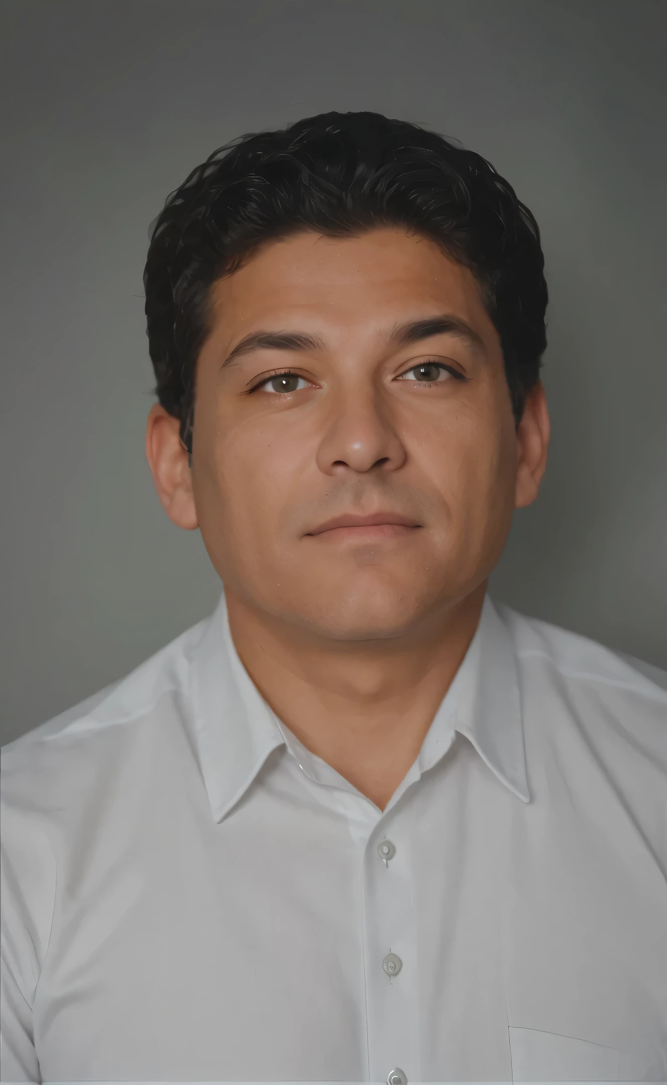 Make this photo look realistic and detailed, arafed man in a white shirt and tie looking at the camera, curly hair, 5 0 years old man, eloy morales, headshot profile picture, very detailed potrait, realistic portrait photo, close up potrait, profile portrait, very detailed face, very realistic face, very perfected face, very detailed clothes, very realistic clothes, very perfected clothes