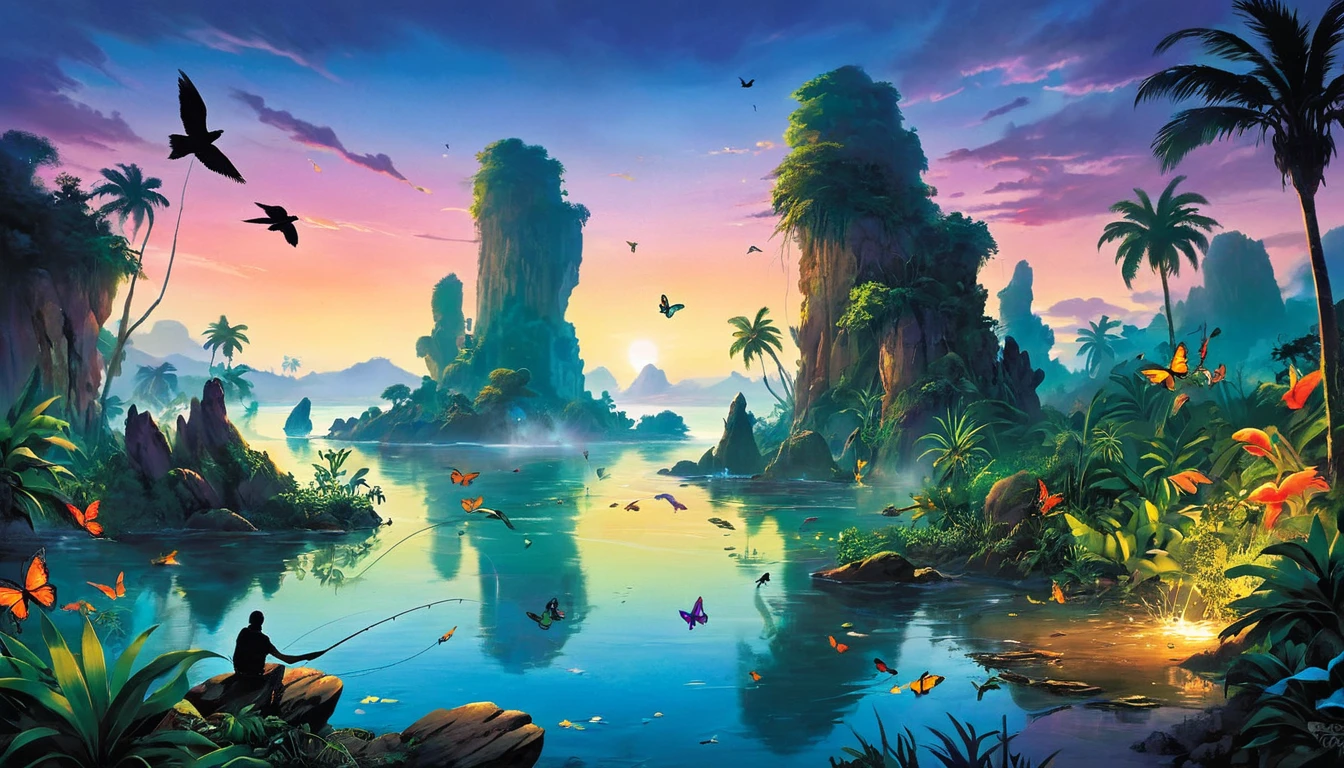 Create a surreal landscape where natural elements mix with fantastic aspects. Include a human figure involved in fishing, no face showing, and add vibrant wildlife, like parrots and butterflies. Furthermore, incorporate rock formations that resemble human faces amidst lush vegetation, under hot lighting conditions, suggesting dusk or dawn.