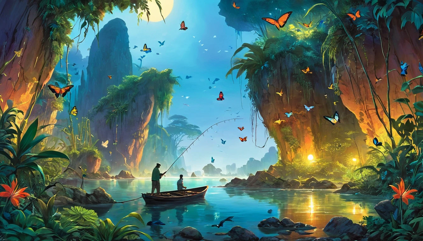 Create a surreal landscape where natural elements mix with fantastic aspects. Include a human figure involved in fishing, no face showing, and add vibrant wildlife, like parrots and butterflies. Furthermore, incorporate rock formations that resemble human faces amidst lush vegetation, under hot lighting conditions, suggesting dusk or dawn.