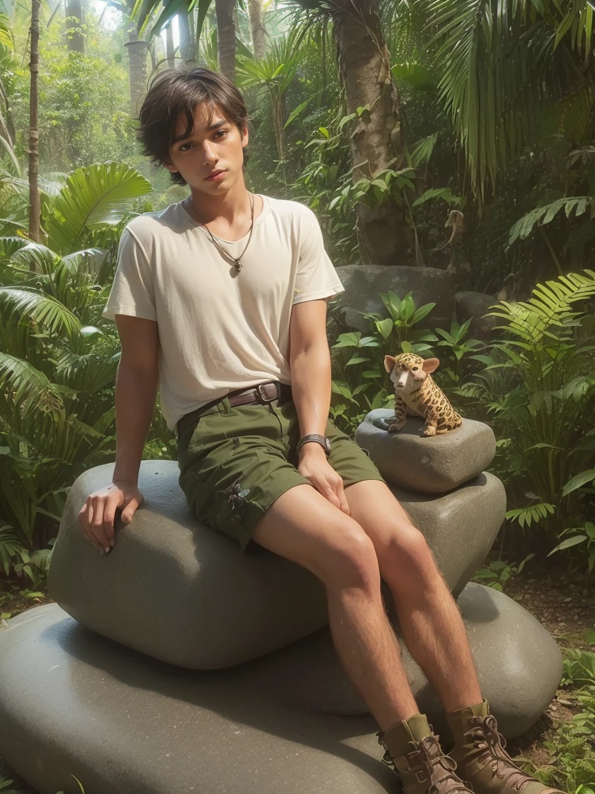 (Portrait of a young male in Jungle sit on the stone short body male, tiny male:1.7), around the bonfire, night sky, camping, vintage Volkswagen bus parked in background, night view, best quality graphics, 24K UHD,