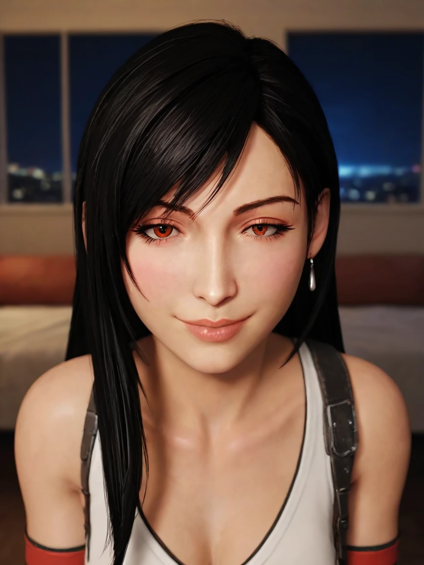 score_9_up, score_8_up, score_7_up, source_3d, blender 3d, detailed 3d, nsfw, detailed body, Tifa, black hair, long hair, red eyes, Tifa outfit, looking at viewer, pov, realistic, solo focus, soft smile, closed eyes, face focus, close up, solo focus, background bedroom, (at night, dark, blurry background), (realistic, cinematic, high quality, photorealistic, best quality, ultra detailed)