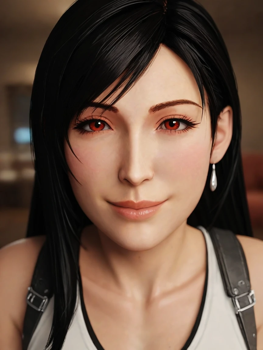 score_9_up, score_8_up, score_7_up, source_3d, blender 3d, detailed 3d, nsfw, detailed body, Tifa, black hair, long hair, red eyes, Tifa outfit, looking at viewer, pov, realistic, solo focus, soft smile, closed eyes, face focus, close up, solo focus, background bedroom, (at night, dark, blurry background), (realistic, cinematic, high quality, photorealistic, best quality, ultra detailed)