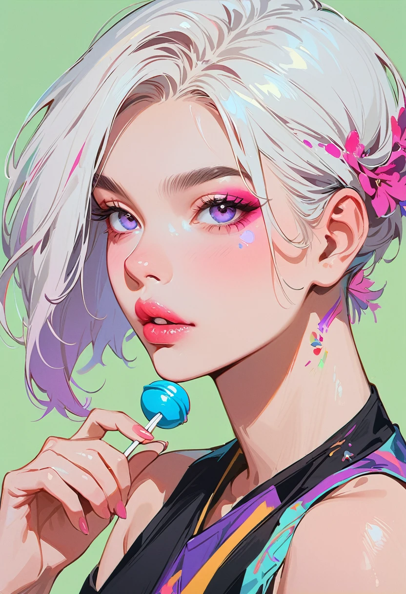 (masterpiece, best quality:1.2), 1 girl, 独奏, Anime style, Purple pupils, With a lollipop, lips pink, Cyberpunk style makeup, Asymmetrical short hair, Asymmetrical short hairstyle, Long bangs on one side, background.