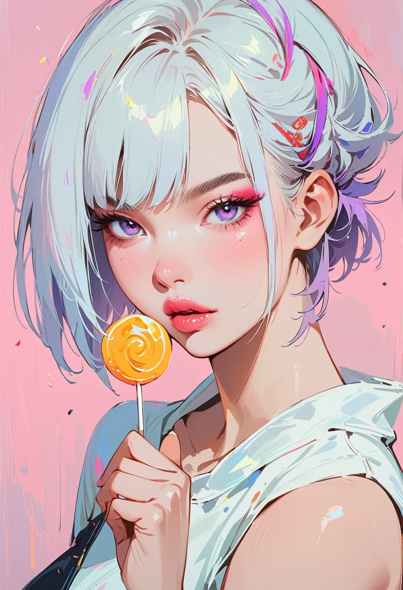 (masterpiece, best quality:1.2), 1 girl, 独奏, Anime style, Purple pupils, With a lollipop, lips pink, Cyberpunk style makeup, Asymmetrical short hair, Asymmetrical short hairstyle, Long bangs on one side, background.