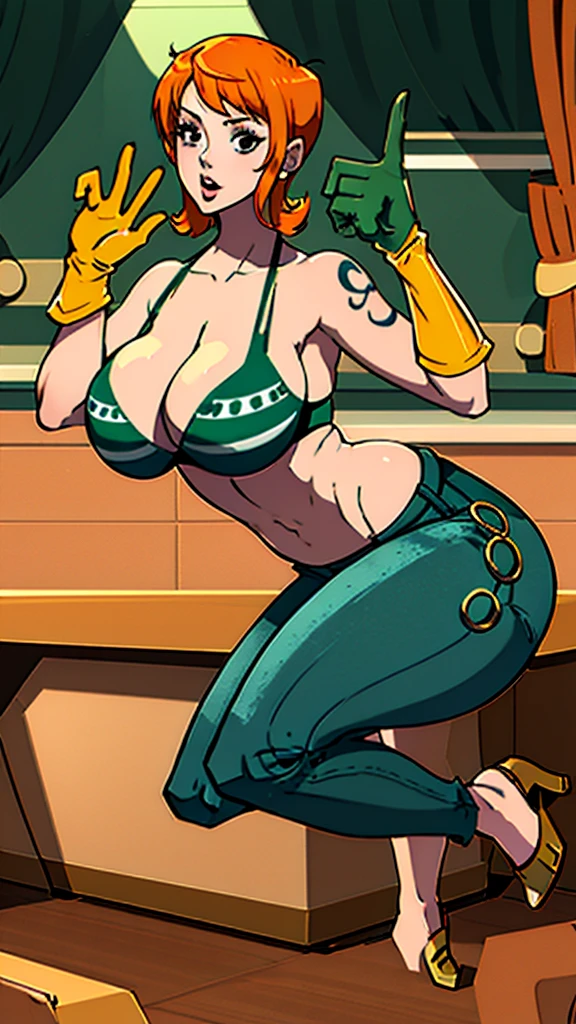 A sexy woman, sensual, beautiful beauty, big breast, short orange hair, squares her brown eye, wearing a green bra and dark green metallic pants, green heels, and a yellow glove.