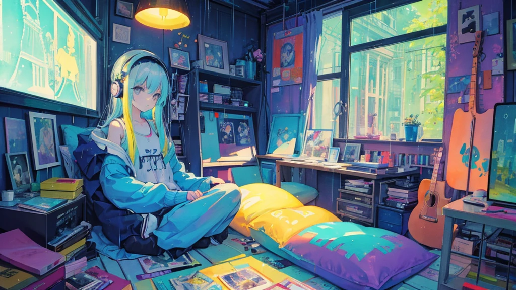 European hippie girl meditating in her room, dream, Please wear headphones., night light, Neon landscape on a rainy day, Analog color theme, Lo-Fi Hip Hop , retrospective exhibition, flat, 2.5D ,Draw a line, ink painting, Osaka Road, Watercolor painting, gouche paint, Studio Ghibli Style, Very bright colors, Outerton, Kraut Lock, Lofiato, 70's style,Old meat, Amplitude,Psychedelic atmosphere, Masterpiece, Amazing technology,