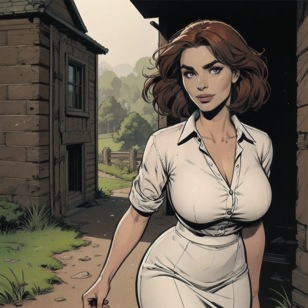 comic artwork of a pretty woman, epic, dynamic shadows, cinematic lighting, crosshatching, 2D, Sharp, Detailed, HD, HDR, High Quality, High Resolution, Masterpiece
, extremely detailed, delicate and dynamic, a beautiful woman of 40 years, mature woman, slight smile. Mahogany-red hair, long bob hairstyle, brown eyes, downturned eye shape, black eyebrows, strong eyebrows. High cheekbones, strong chin. Freckles. Huge breasts, voluptuous, broad hips. Wearing a white blouse, tweed skirt. (Walking across beautiful English countryside), , mature female