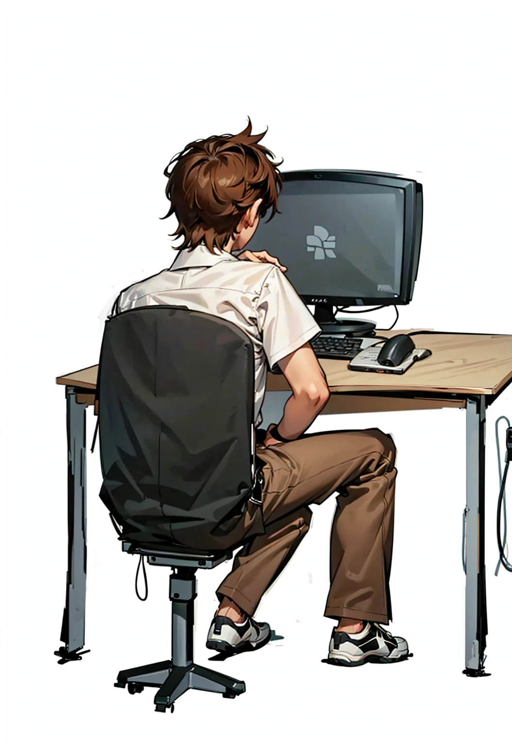 Slim -yeld boearing a white short-sleeved dress shirt, brown pants and white sneakers, brown hair is sitting in a chair in front of a computer, keyboard,mouse,This is on the back of a wooden table