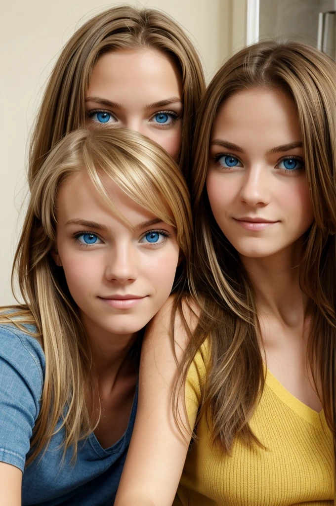 Create a photo of me and my girlfriend. I'm male, blond, slim and have blue eyes. She is small, thin and has brown hair