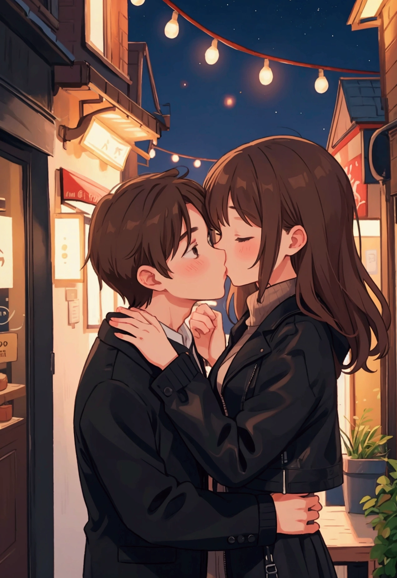 a couple kissing , male and female, brown hair, night time, black jacket