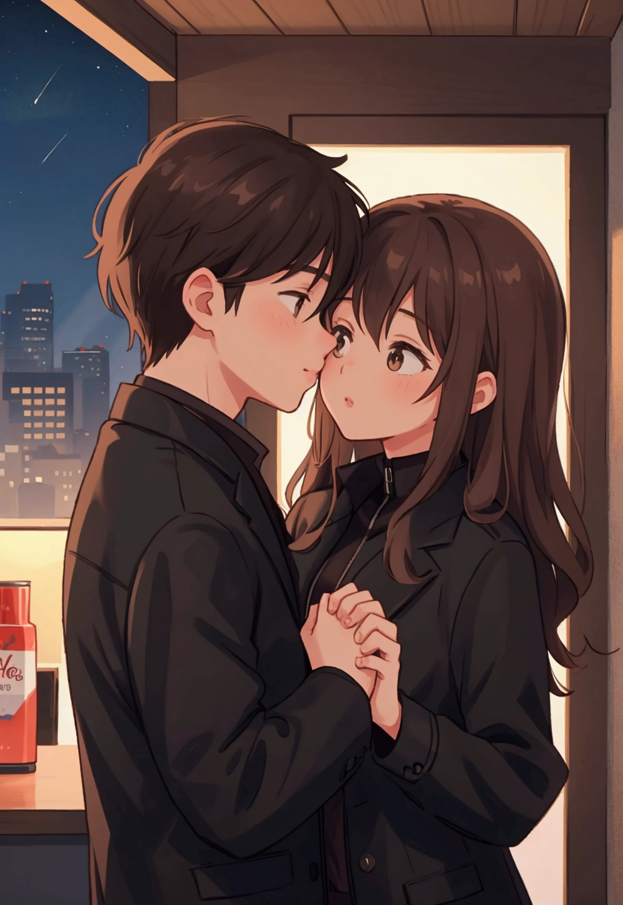 a couple kissing , male and female, brown hair, night time, black jacket