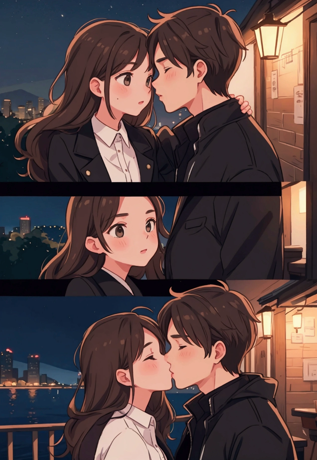 a couple kissing , male and female, brown hair, night time, black jacket