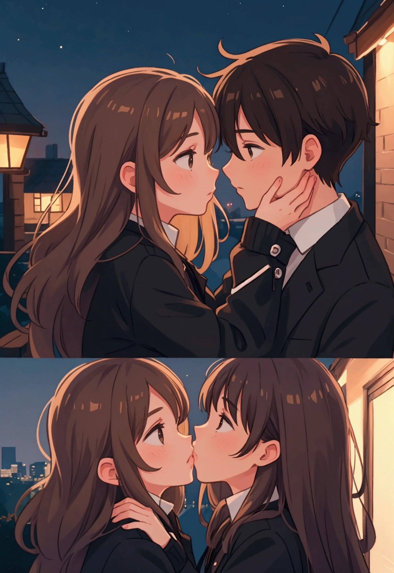 a couple kissing , male and female, brown hair, night time, black jacket