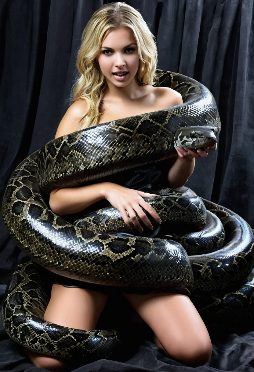 Happy Horny, aroused 1girl), beautiful kneeling blonde young teen girl with giant colossal black titanboa squeezing her hard, wrapped in thick spiraling coils, constricted, struggle, gasping for air, snake attack, snake peril, moonless night, dim light