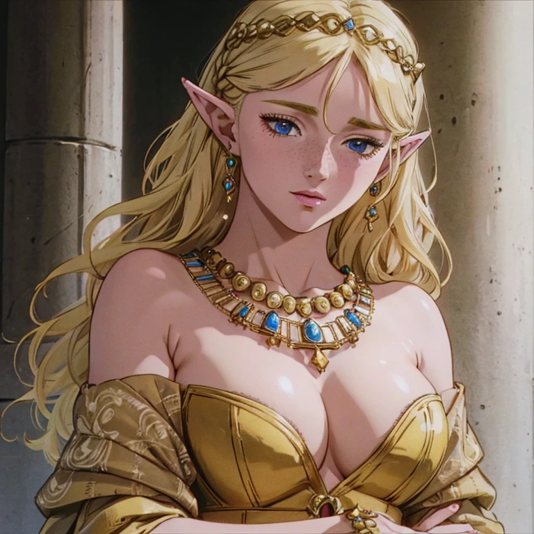 a beautiful blonde woman with elf ears and freckles with braids, a beautiful jeweled necklace, realistic portrait, detailed face, detailed eyes, detailed lips, detailed and sensual body, large breasts ((with cleavage)), hourglass waist, super detailed , highly detailed, photorealistic, 8k, intricate details, cinematic lighting, dramatic lighting, warm color tones, fantasy character, magical, ethereal