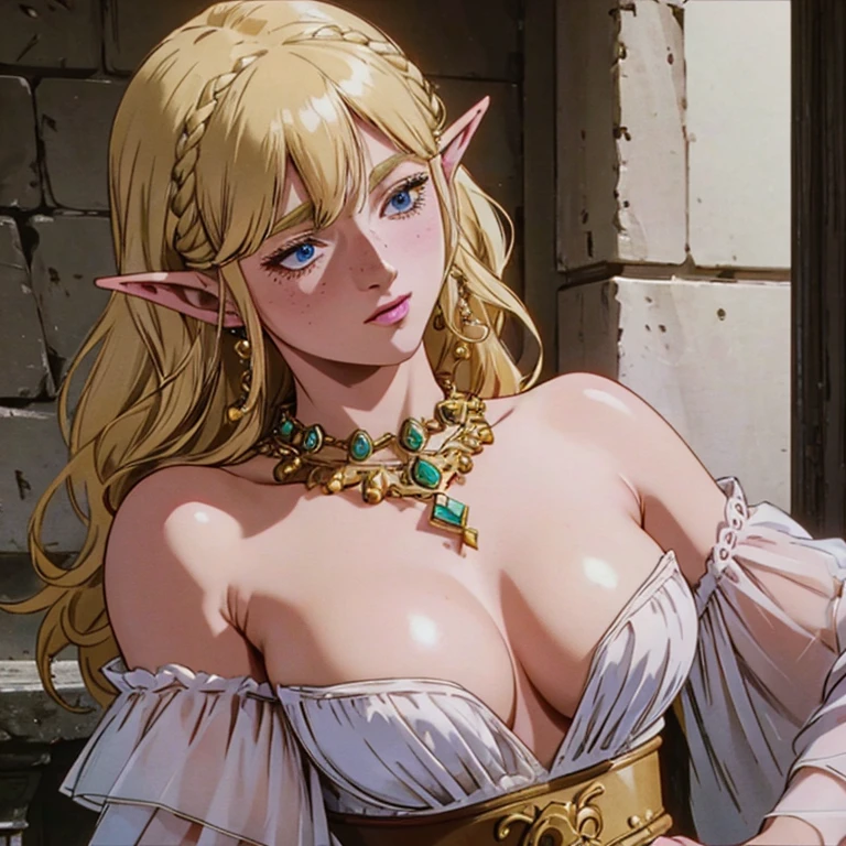 a beautiful blonde woman with elf ears and freckles with braids, a beautiful jeweled necklace, realistic portrait, detailed face, detailed eyes, detailed lips, detailed and sensual body, large breasts ((with cleavage)), hourglass waist, super detailed , highly detailed, photorealistic, 8k, intricate details, cinematic lighting, dramatic lighting, warm color tones, fantasy character, magical, ethereal