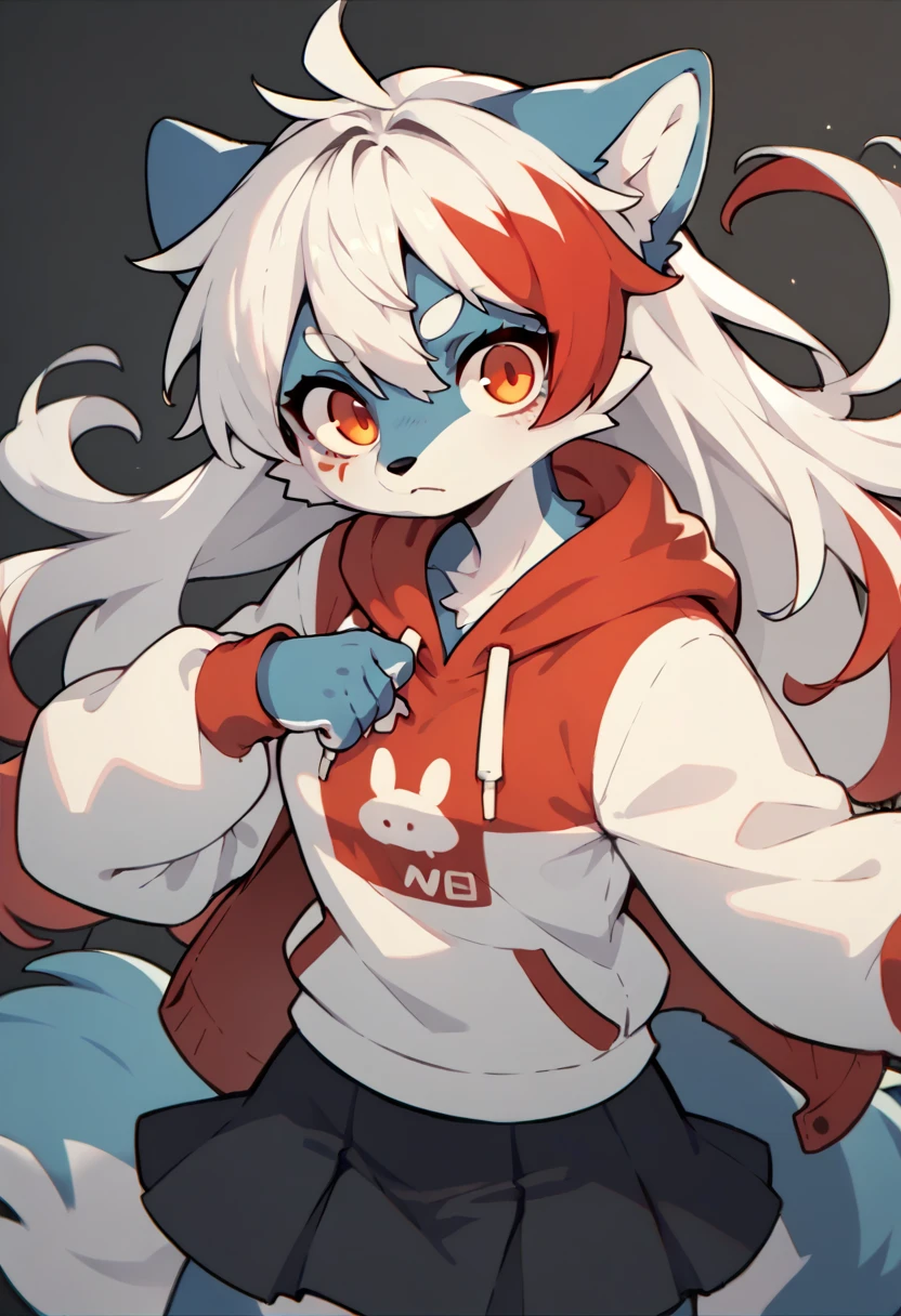 1girl furry,wolf , black and white hair, ,, red hair dye tips in hair, long hair, skirt, hoodie, blue and red,one blue eye, one orange eye