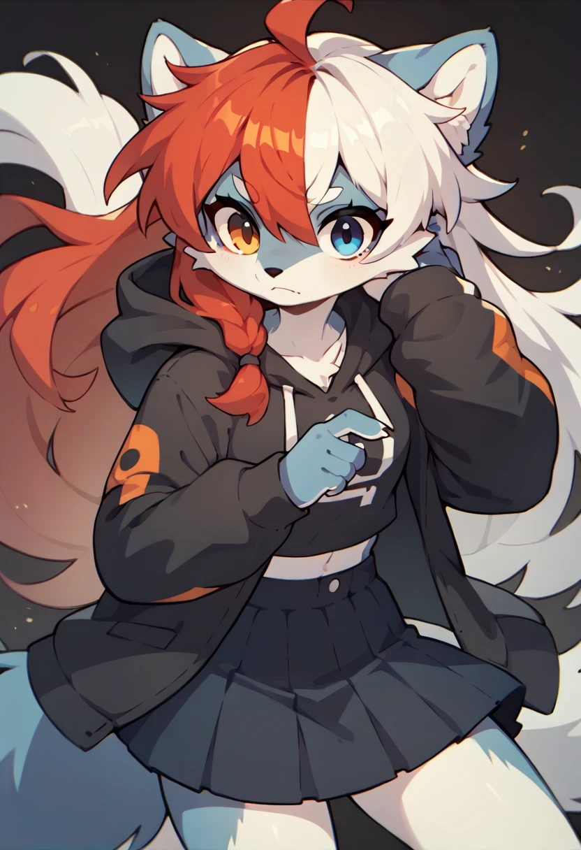 1girl furry,wolf , black and white hair, ,, red hair dye tips in hair, long hair, skirt, hoodie, blue and red,one blue eye, one orange eye