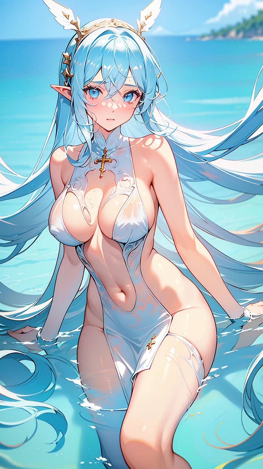 White long hair,Eye color random,Sexy transparent colonial dress, Perfect body, Chest Clearance, Well-defined collarbone, Surreal, lifelike, detailed, Perky transparent nipples, Wet clothes(whole body:1.1),cross,Saint,best quality,Large Breasts,Big Ass。