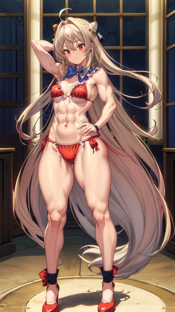 (((1 ta girl))), when he plows, (Red eyes: 1.5), blond hair, Long hair, conical hair bun, hair ornament, hair shots, Ahoge, fringe, blue bow tie, (Wearing a very sexy and short red bikini), has, (muscular belly), muscular abs, Wide hips, Thin waist, small breasts, (((posing sexy))), wearing black heels, (((standing)) ), {{{Full body photo}}}, Cheerful and funny, REST looking at the viewer , breaking and entering, classroom, interval (masterpiece: 1.2), Best Quality, highest resolution, unity wallpaper 8k, (illustration: 0.8), (beautiful detailed eyes: 1,6), extremely detailed face, perfect lighting, Extremely detailed CG, (perfect anatomy), {anatomically correct}