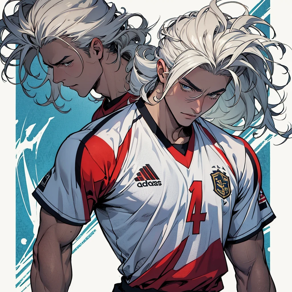 old anime ,lead hair curly hair mane ,White skin,tall height,muscled body,white soccer clothes home background 