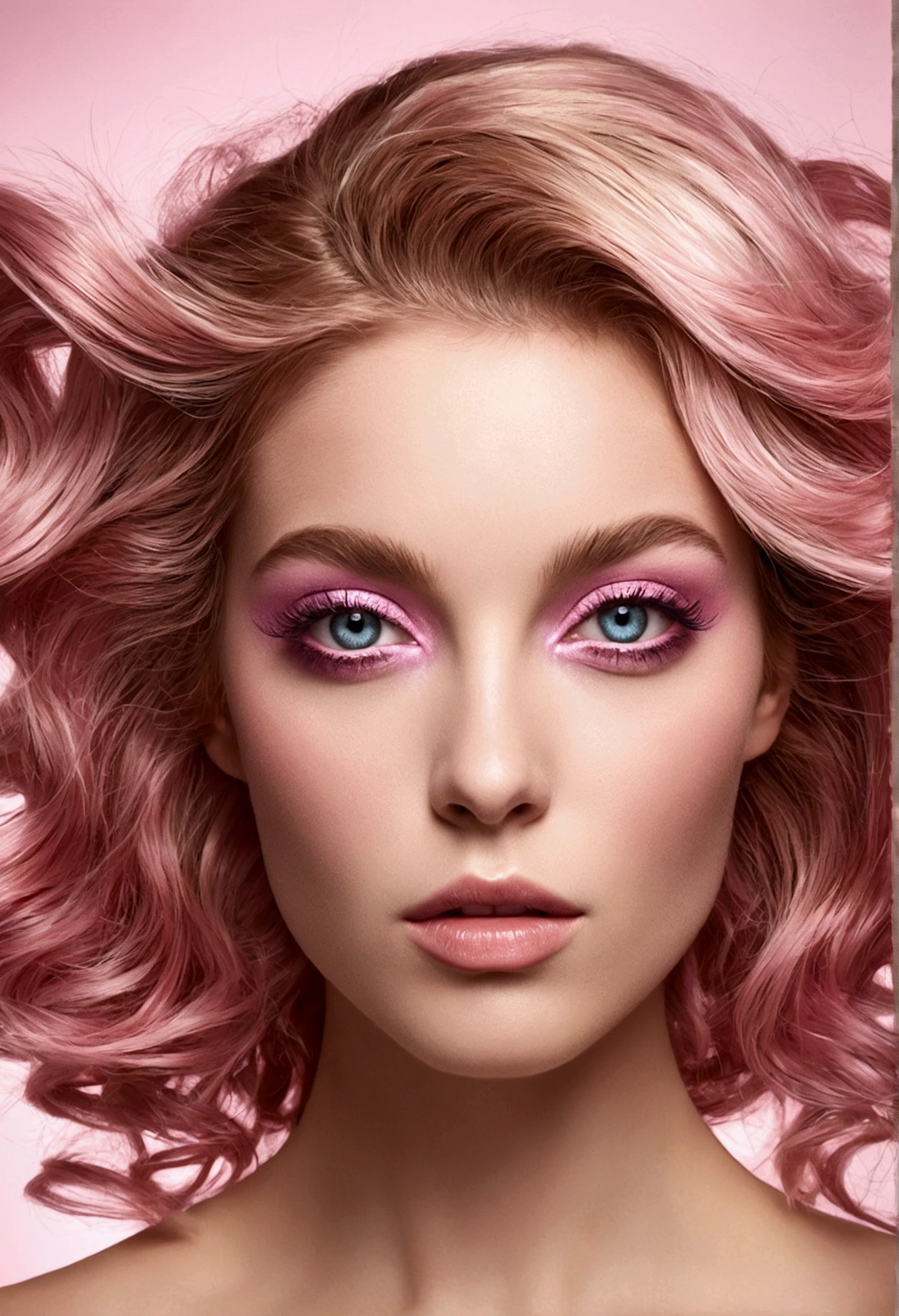 Crée une image ultra réaliste d'une femme parfaite. Elle doit avoir des cheveux ROSE brillants et des yeux noisette captivants. 