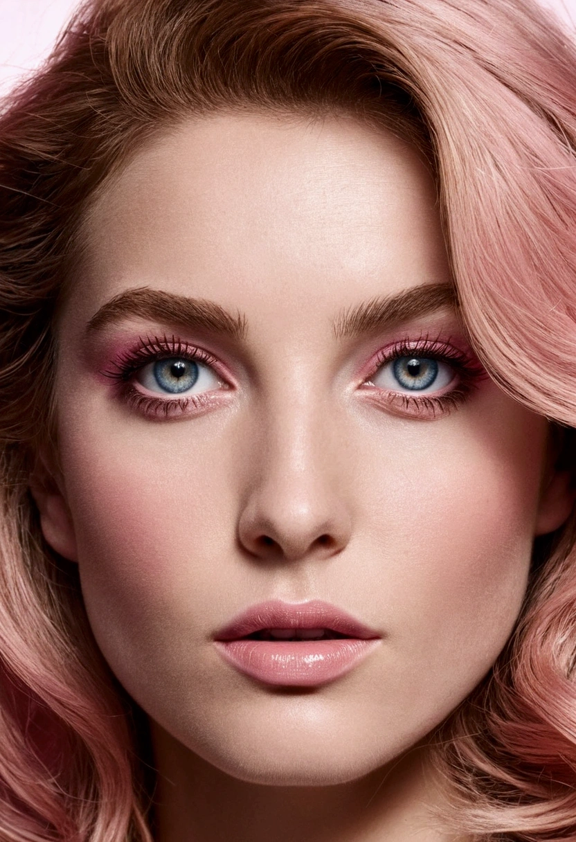 Crée une image ultra réaliste d'une femme parfaite. Elle doit avoir des cheveux ROSE brillants et des yeux noisette captivants.