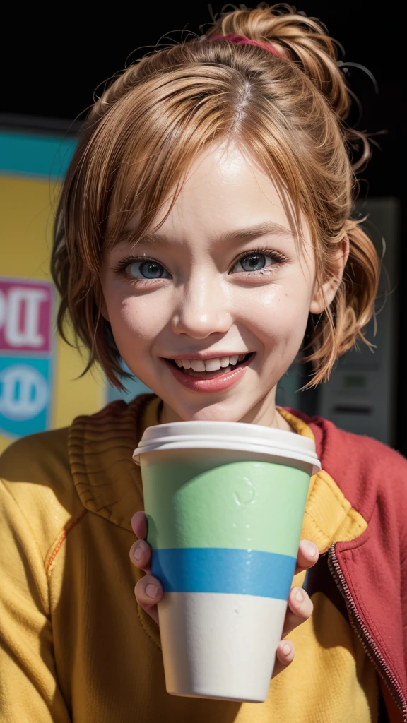 Create an image of the character 'Joy' from the Disney Pixar movie 'Inside Out' looking slightly hungry. She is holding a cup of soda and has a cheerful yet slightly impatient expression on her face. The background should be colorful and vibrant to match her joyful personality."