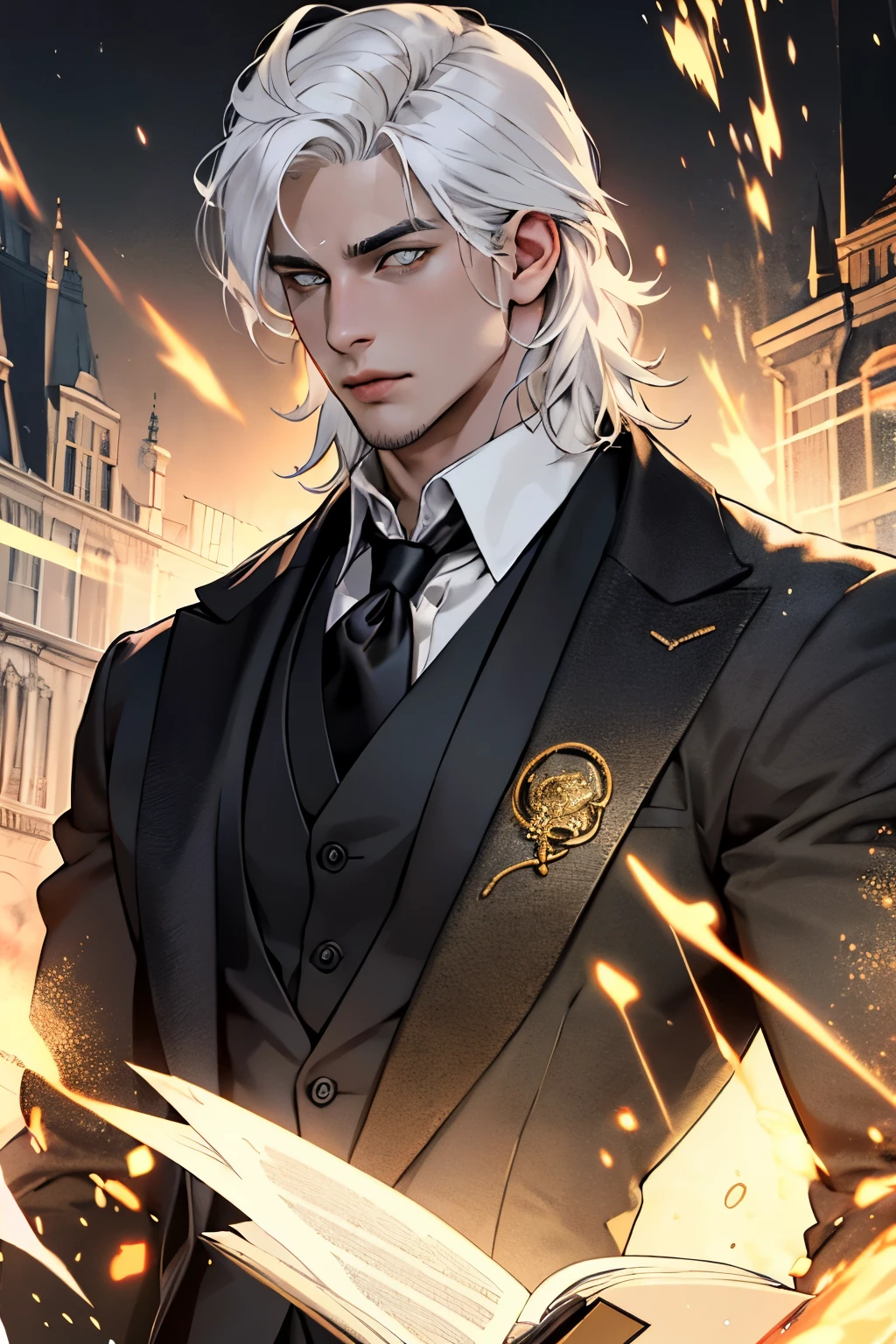 Man, 30 years old, aristocracy, black suit, gold elements, white hair, white eyes, magic, witchcraft, picture, European eye section,