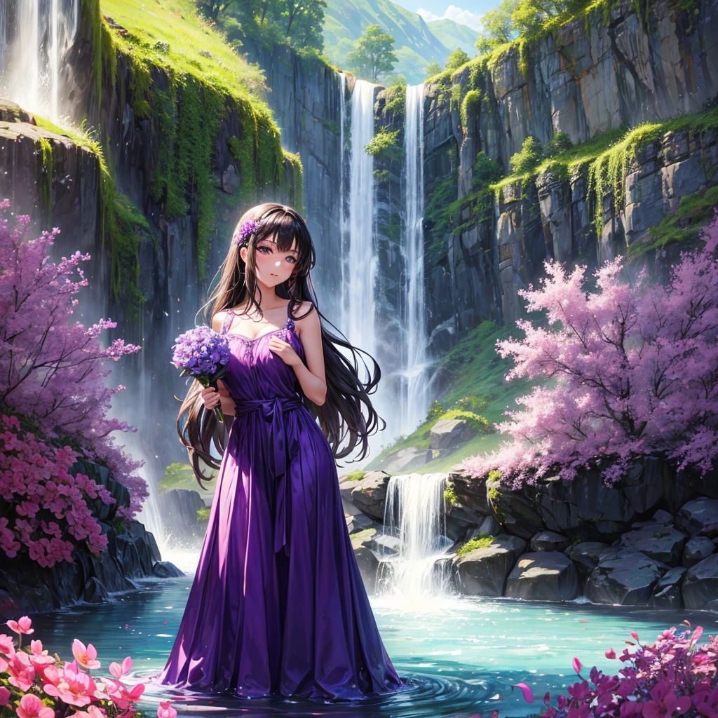 Make an image of a beautiful and pretty woman holding a purple flower, make her look beautiful and pretty, make the background a valley with a waterfall in the background, give a close up of the beautiful woman, she's wearing a long dress